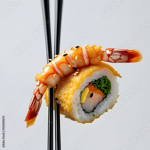 Chopsticks Holding Sushi Isolated on a White Background. Generative Ai