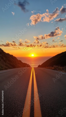 Sunset over the ocean viewed from a winding coastal road