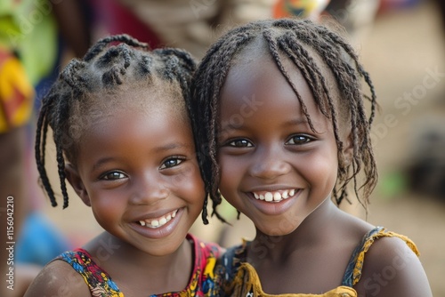 Smiling children share a joyful moment in bright sunlight at a playful outdoo...