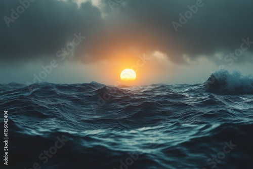 Sunset over turbulent ocean waves with dark clouds in the background