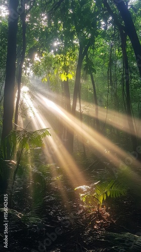 Sunlight beams shining through a lush forest in the early morning
