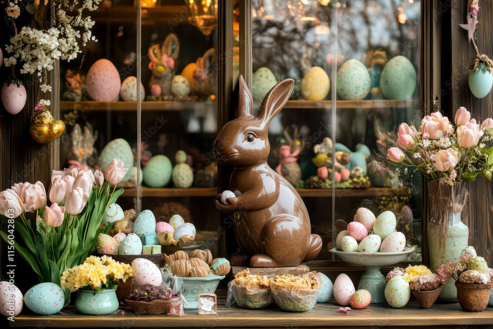 Easter celebration with festive pastry shop window display featuring decorative eggs and chocolate bunny Easter celebration with festive pastry shop window display featuring decorative eggs and chocolate bunny