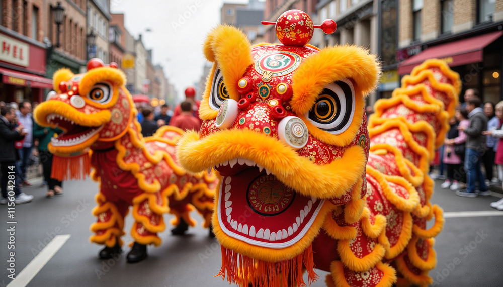 Lunar New Year parade with a dragon dance , Dragon head costumes, Chinese New Year celebration Lunar New Year parade with a dragon dance , Dragon head costumes, Chinese New Year celebration