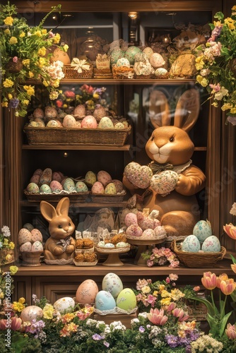 Easter-themed pastry shop window display with decorative eggs and bunnies for seasonal celebration