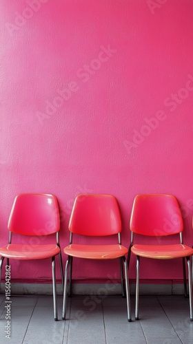Three red chairs arranged against a vibrant pink wall in a modern space
