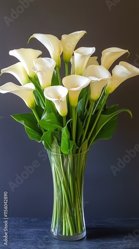 Elegant white calla lilies in a textured black vase against a dark background