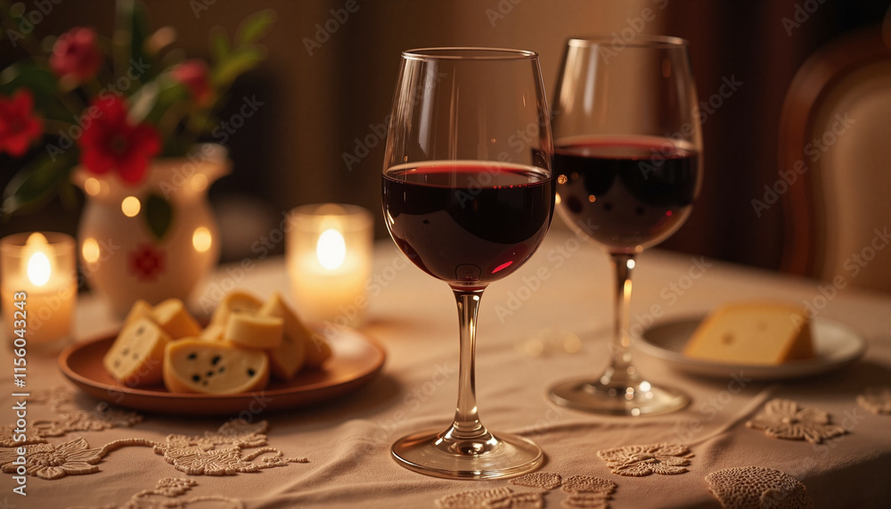 Romantic dinner setting with red wine and candles in warm colors for intimate celebration, two glasses of red wine on the table Romantic dinner setting with red wine and candles in warm colors for intimate celebration, two glasses of red wine on the table