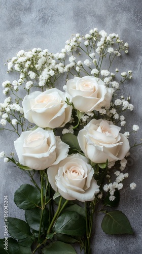 Elegant white roses with delicate babys breath against a textured gray backgr...