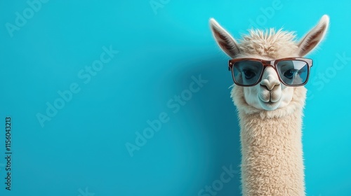 Funny Llama Wearing Sunglasses Posing Against a Bright Blue Background