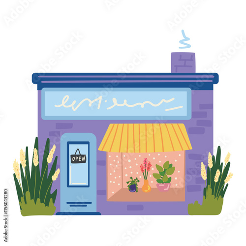 Cute house. Flower shop in flat style. Florist shop with flowers.