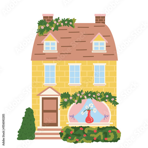 Cozy little house, lots of greenery. A house for a family. Windows, curtains, chimney. Vector illustration on white background