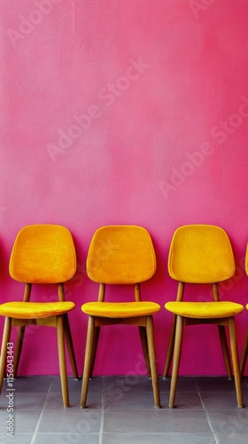 Colorful orange chairs lined against vibrant pink wall in modern interior space