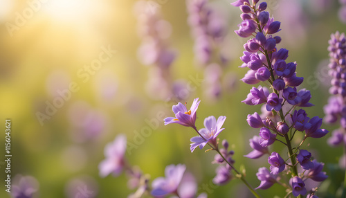Close Up on Delicate and Vibrant Purple Flowers in Bright Sunlight : Generative AI