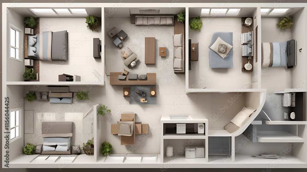 Floor plan of a house top view 3D illustration. Open concept living appartment layout Floor plan of a house top view 3D illustration. Open concept living appartment layout