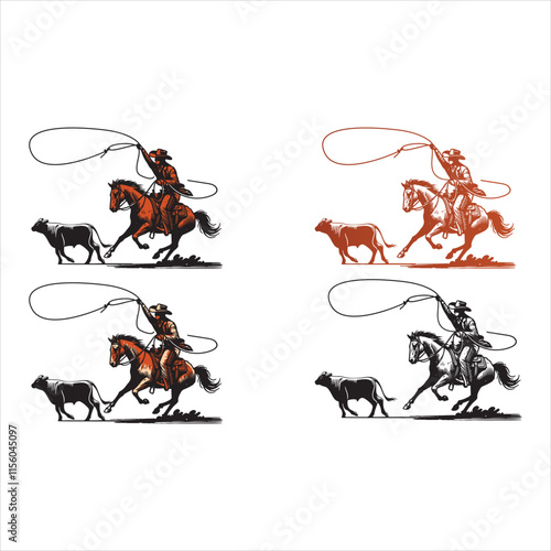 Western cowboy lassoing calf and rodeo