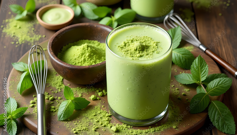 Matcha smoothie with fresh mint and whisk Matcha smoothie with fresh mint and whisk