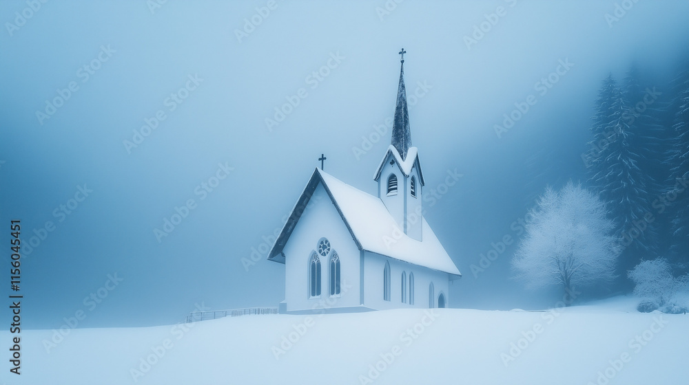 Zimowa sceneria z samotnym kościołem otulonym śniegiem, delikatnie zarysowanym w mlecznej mgle, emanującym spokojem i tajemniczością.