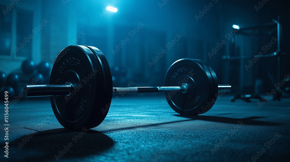 Naklejka premium Sprzęt do treningu siłowego, w tym sztanga i obciążenia, leży na podłodze siłowni w przyciemnionym oświetleniu.