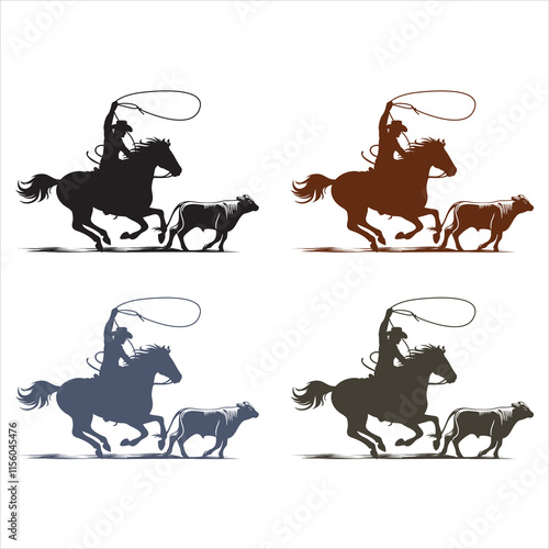 Western cowboy lassoing calf and rodeo