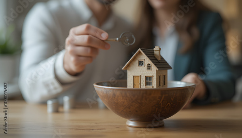 house key in an elegant bowl, in the blur couple buying a house photo