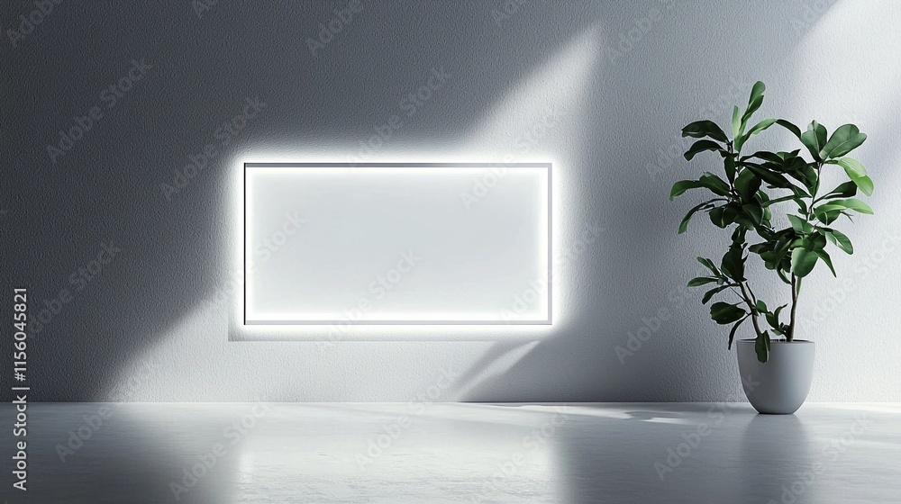 Obraz premium Modern minimalistic interior with glowing frame and potted plant creating a clean aesthetic