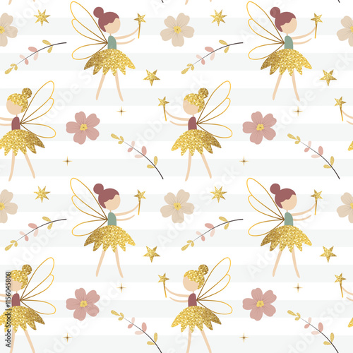 Seamless pattern with cute golden fairies and flowers. Fairy tale springtime background. Cartoon patterns.