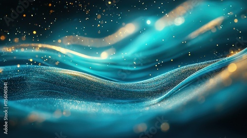 Liquid swirls in vibrant teal and blue with shimmering gold glitter create an abstract design backdrop