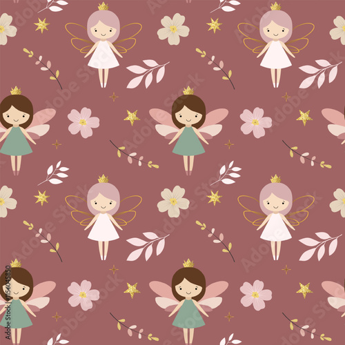 Seamless pattern with cute fairies and flowers. Fairy tale springtime background in pastel colors. Cartoon patterns.