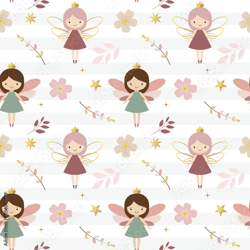 Seamless pattern with cute fairies and flowers. Fairy tale springtime background in pastel colors. Cartoon patterns.