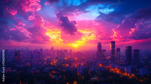 Dramatic Sunset Over Vibrant City Skyline with Colorful Clouds and Urban Lights in Evening Sky