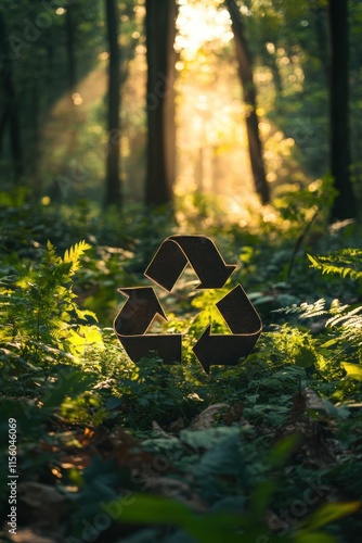 eco-friendly forest illustration, recycling symbol in a lush forest with bright leaves and gentle sunlight filtering through the trees in the background photo