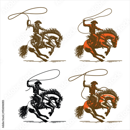 Western cowboy lassoing calf and rodeo