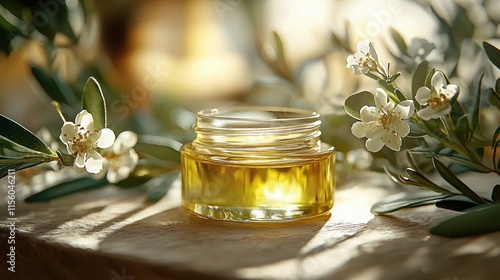 Showcasing jojoba oil and hand cream jar among flowers in elegant skincare marketing
