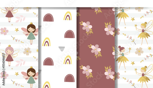 Set of fairytale kid's backgrounds with fairies, stars, flowers. Cute cartoon pattern with gold glitter