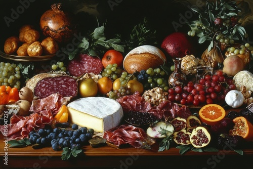 Colorful display of fresh fruits, vegetables, and charcuterie at a rustic market setting in autumn