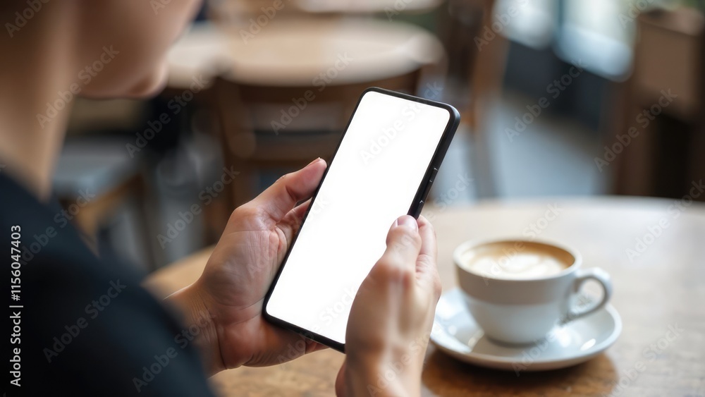 A person is holding a smartphone with a blank white screen, with a coffee cup in the blurred background. Concept of mobile coffee break. Smartphone Screen Mockup A person is holding a smartphone with a blank white screen, with a coffee cup in the blurred background. Concept of mobile coffee break. Smartphone Screen Mockup