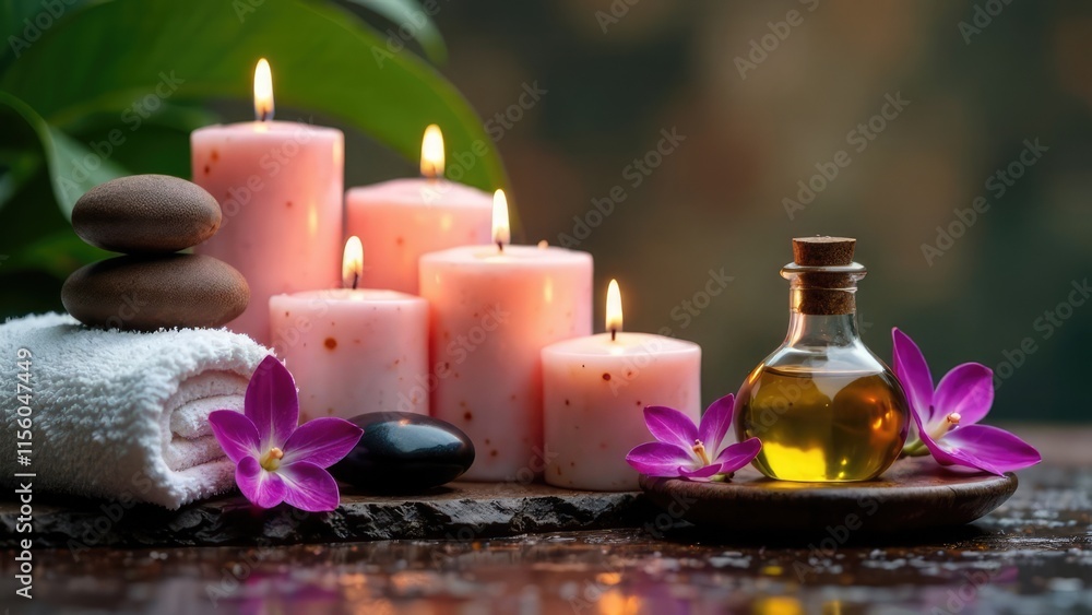 A spa setup includes pink lit candles, stacked brown stones, a rolled white towel, purple orchids, and a bottle of oil, all arranged on a dark surface with a blurred green background.
A spa setup includes pink lit candles, stacked brown stones, a rolled white towel, purple orchids, and a bottle of oil, all arranged on a dark surface with a blurred green background.