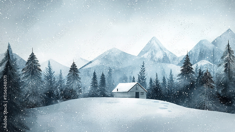 Fototapeta premium Snow falling on small cabin in mountain forest