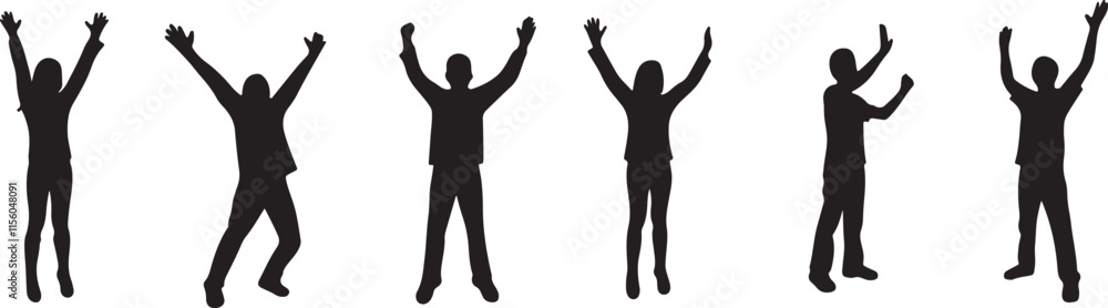 Large group of happy and excited people silhouette. Happy, excited and people jumping conceptual vector silhouette illustration.
Large group of happy and excited people silhouette. Happy, excited and people jumping conceptual vector silhouette illustration.