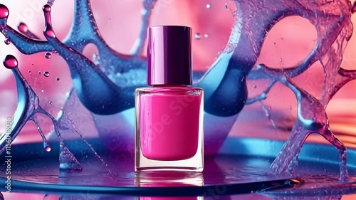 Vibrant pink nail polish in dynamic water splash sequence