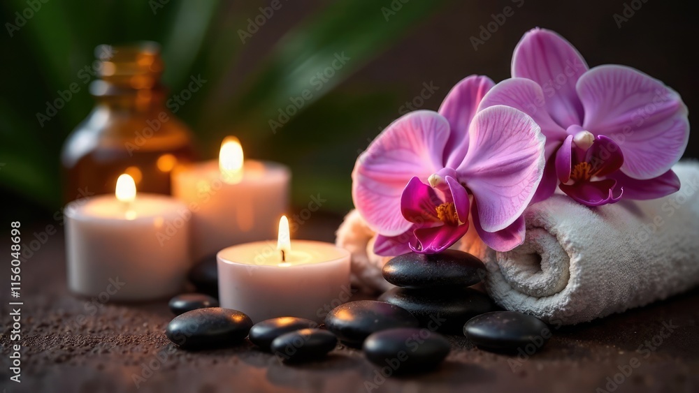 A spa setup with lit candles, black stones, a white towel, and a pink orchid flower is placed on a textured surface, with a blurred green plant in the background. Concept of: Wellness and relaxation A spa setup with lit candles, black stones, a white towel, and a pink orchid flower is placed on a textured surface, with a blurred green plant in the background. Concept of: Wellness and relaxation