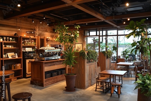 Rustic Coffee Shop Interior with Wooden Furniture, Potted Plants, and Warm Lighting photo