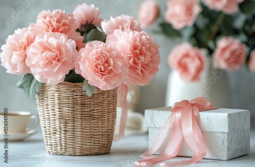 Beautiful pink flowers in a woven basket with a gift box on a table setting photo