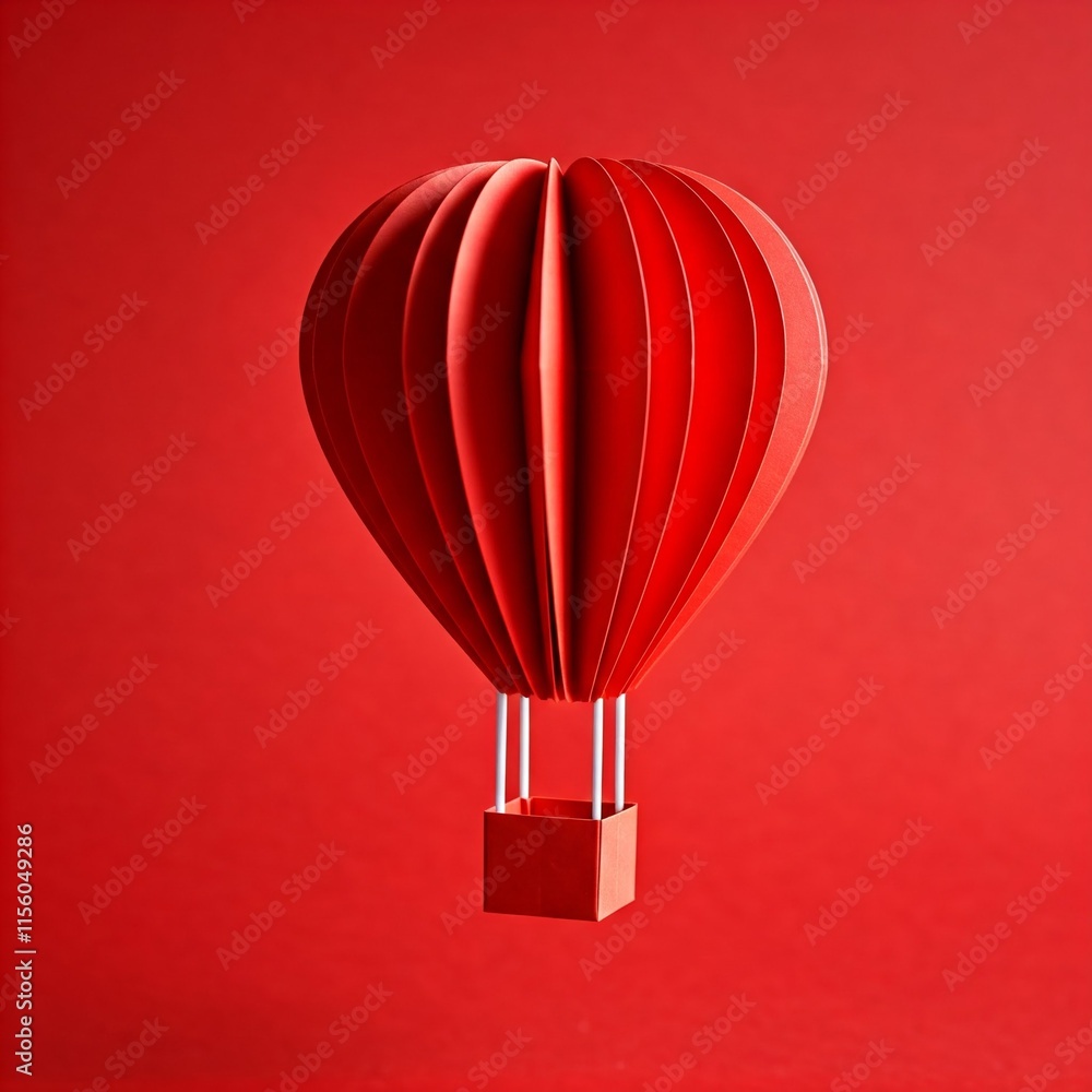 Obraz premium heart shaped paper balloon. Various gift boxes floating among paper clouds love concept All made of paper, Origami made red hot air balloon float in the air, paper art design and craft style.
