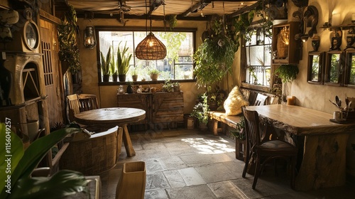 Rustic Coffee Shop Interior with Wooden Furniture, Potted Plants, and Warm Lighting photo