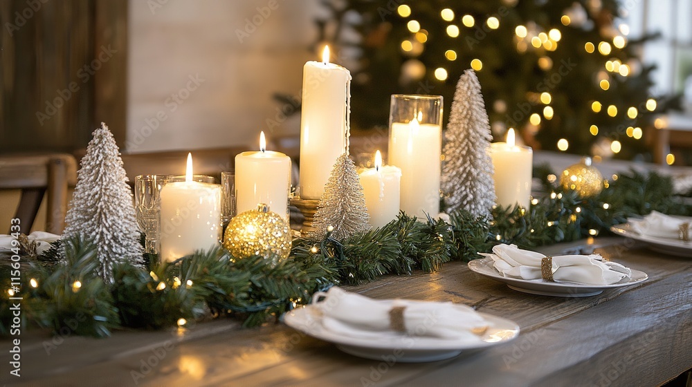 Festive Wooden Tabletop with Candles, Garlands, and Soft-Focus Holiday Lights in the Background Festive Wooden Tabletop with Candles, Garlands, and Soft-Focus Holiday Lights in the Background