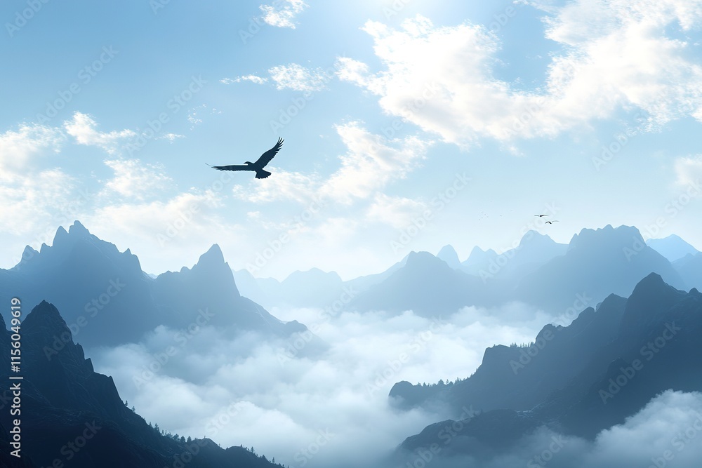 Silhouettes of mountains in the mist and bird flying Silhouettes of mountains in the mist and bird flying