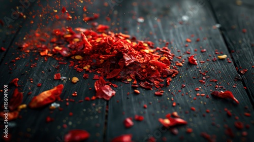 An artistic arrangement of red chili flakes scattered on a dark surface, emphasizing their intense color and fine granular details for culinary purposes. photo