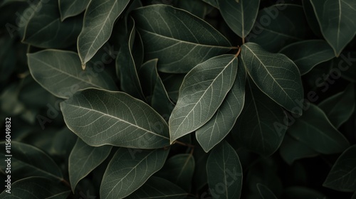 Fresh bay leaves growing on a tree branch, showcasing their deep green hues and intricate veins, ideal for natural and organic themes. photo