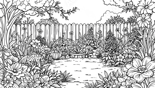 black and white anti-stress garden coloring page for adult